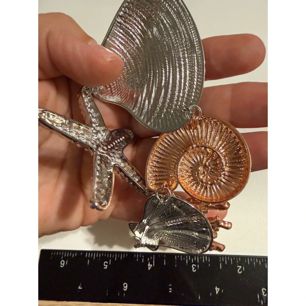 Mixed Metal Sea Shell Starfish Coral Statement Necklace Silver Rose Gold Tone